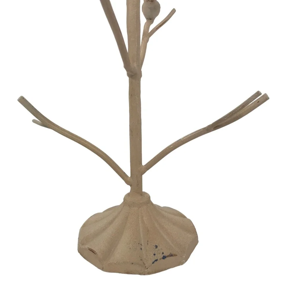 Vintage Metal Bird Jewelry Tree Stand Distressed Cream Farmhouse Decor 12.5in